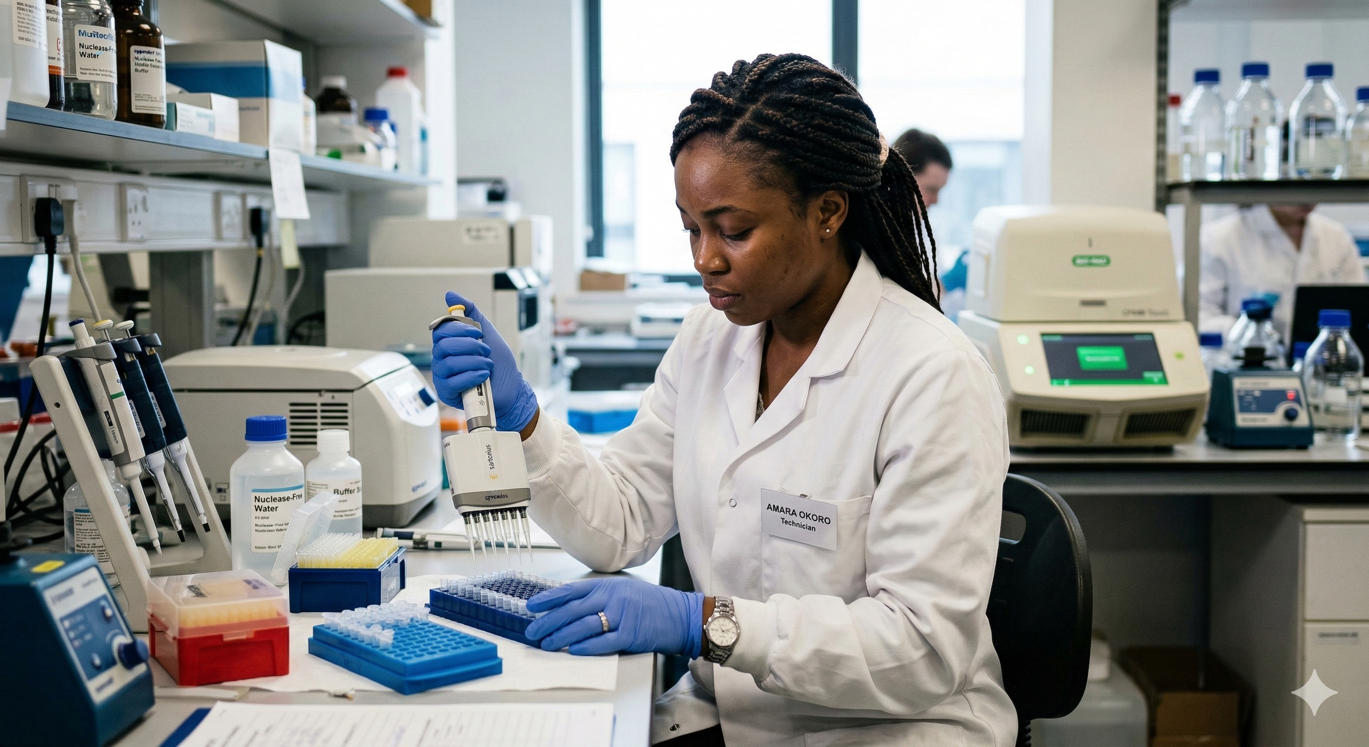 ラボでピペット作業を行う検査技師